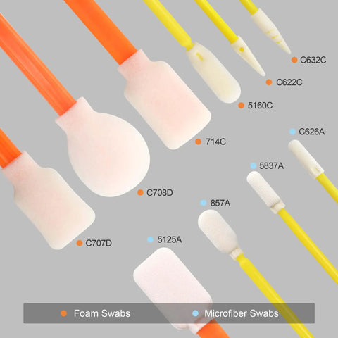 Various foam and microfiber swabs from the 10 In 1 Cleaning Swab Kit For Printer And Optics, 100-Piece Lab Swab Set with item codes visible.