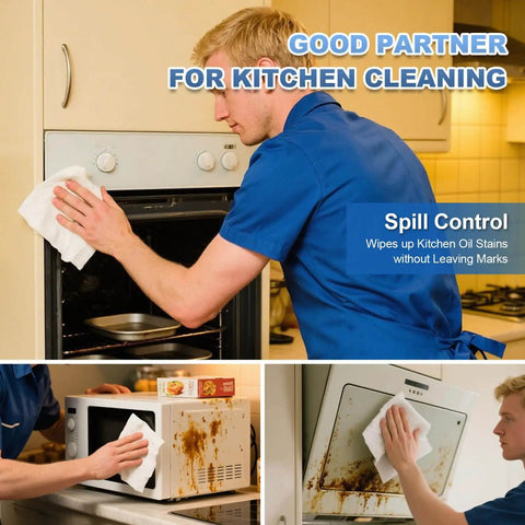 Person using lint free cleanroom wipes to clean kitchen appliances, demonstrating tear resistance and absorbency, Synvicovan.