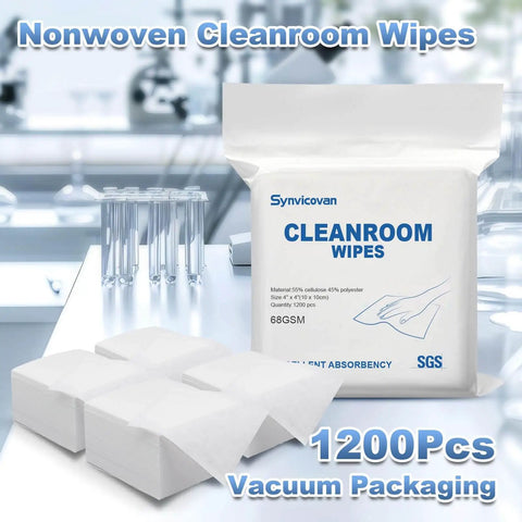 Lint Free Cleanroom Wipes 4x4 Inches 1200 Pack, Grade A 68GSM Cellulose Polyester Blend packaging and wipes displayed in lab