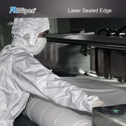 Technician in cleanroom producing Ultra Soft Cleanroom Wipes 12 By 12 Inches Bag Of 150 100 Percent Polyester Double Knit Lint Free Cloths