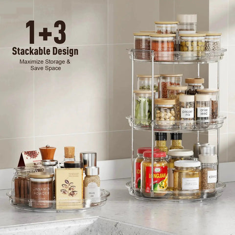 Two Tier Lazy Susan Organizer For Narrow Cabinets And Countertops Space Saving Vertical Dual Layer Rotating Turntable Nine And A Quarter Inch Spice Rack For Kitchen Pantry And Bathroom Clear Plastic For Sturdy Long Lasting Kitchen Storage And Easy Access displayed on countertop