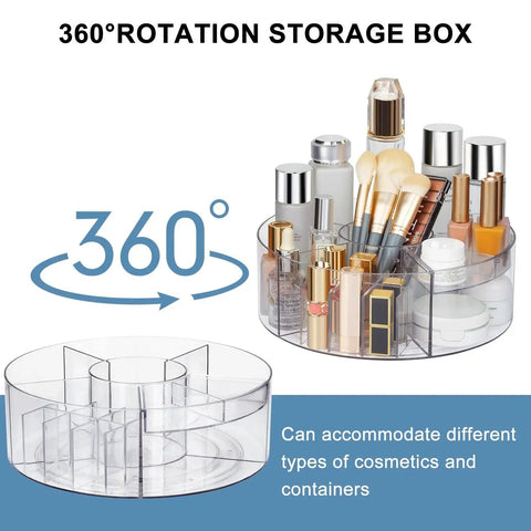 360 Degree Rotating Makeup Organizer Turntable for Vanity and Bathroom Counter, clear lazy susan with 6 dividers filled with cosmetics
