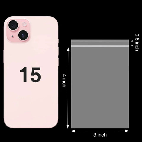 Comparison of smartphone size to 3x4 inch jewelry bag, showcasing 400 Pcs Clear 3x4 Inch Jewelry Bags 2 Mil Resealable Zip Bags size