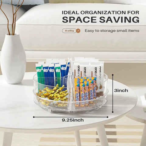 2 Pack 9 Inch Lazy Susan Organizer With 4 Removable Bins on table, storing small items, clear spinning tray visible