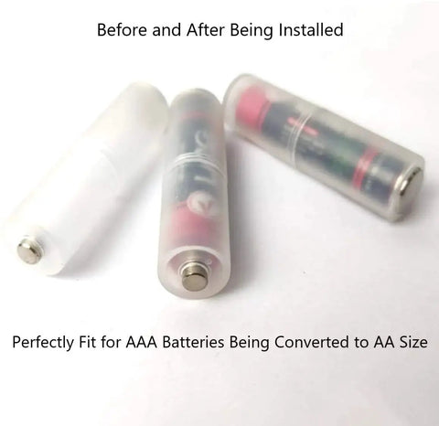 Three clear AAA to AA Battery Adapter Cases with metal contacts showing before and after installation.