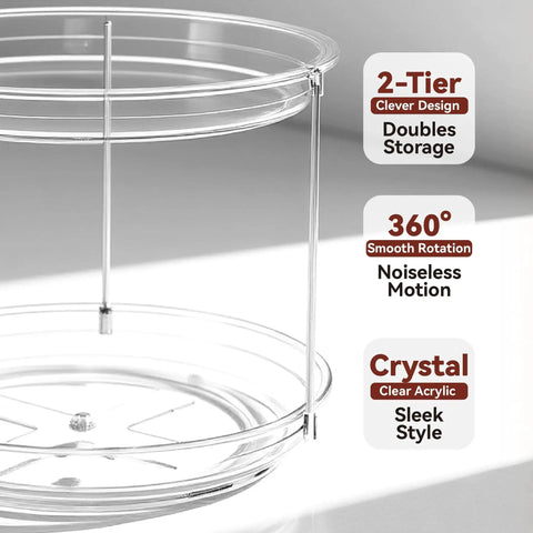 Close-up of 2 Tier Lazy Susan Turntable Organizer, 9.25 inch, showing crystal clear acrylic material and 360° rotation feature.