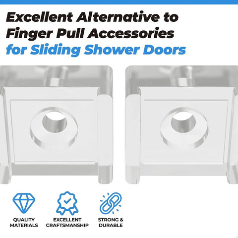 Clear Acrylic Finger Pull For Sliding Shower Doors Replacement Parts 2 Piece Set, Easy Inside Mount Grip shown beside illustration of features.