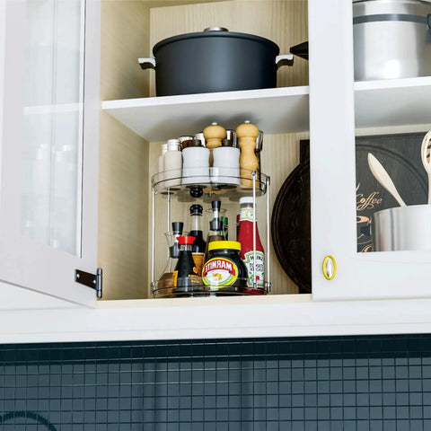 4 Pack 9.5 Inch Clear Acrylic Lazy Susan Turntable Organizer in kitchen cabinet with spice jars and condiments, two-tier spin storage