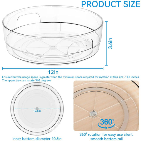 Clear 12 Inch Lazy Susan Turntable Set With Handles 4 Pack Acrylic Spinning Organizer dimensions and features diagram