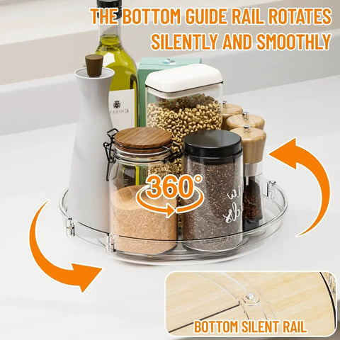 4 Pack 9.5 Inch Clear Acrylic Lazy Susan Turntable Organizer spinning with kitchen essentials, showcasing smooth bottom guide rail.
