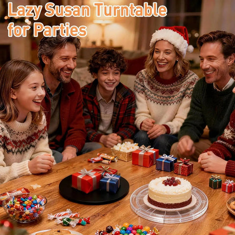 Family using 6 Inch Lazy Susan Turntable Organizer Made From Clear Acrylic for holiday treats on wooden table