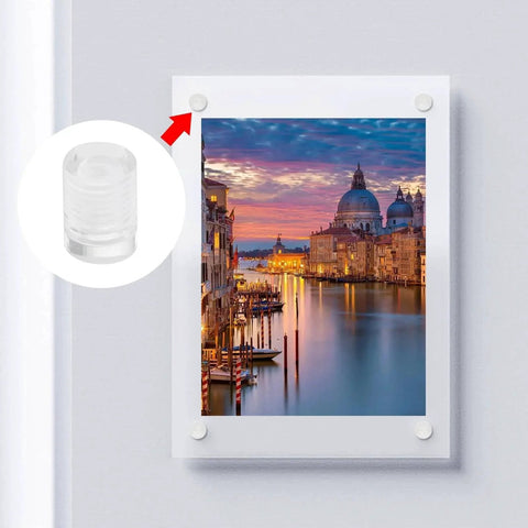 Clear Acrylic Sign Standoffs Half Inch By Half Inch with Four Millimeter Cap and Eleven By Seven Point Five Millimeter Thread Wall Mounting Hardware for Signs Glass Displays and Advertising Panels Eight Piece Set Easy Install, 8-pack holding a scenic photo on a wall for a floating look.