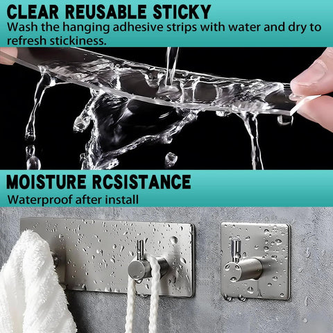 Heavy Duty Double Sided Tape Half Inch By 10 Feet Clear Acrylic Mounting Tape For Signage Posters Photos Crafts And Wall Mounts Removable Yet Ultra Sticky Adhesive Cut To Any Size Washable And Reusable with water resistance shown in use on wall hooks.