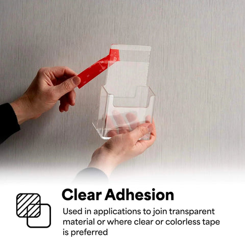 Hands applying Clear VHB Heavy Duty Mounting Tape Circles 1 Inch Diameter Pack Of 5 Double Sided Permanent Adhesive to acrylic surface.