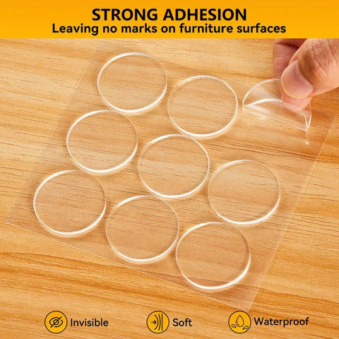 9 Pack Wall Bumpers And Door Stoppers Set With Clear Round Cushions, Self Adhesive 35x35mm Protectors on wooden surface