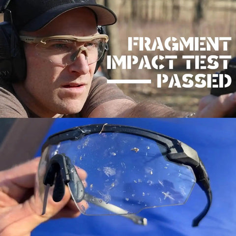 Man wearing Clear Lens Ballistic Tactical Glasses ANSI Z87 Plus UV400 Anti Fog for Airsoft, fragment impact protection demonstrated.