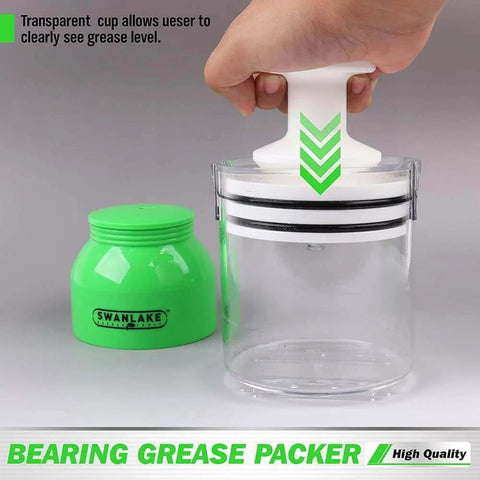 Premium Bearing Packer Kit, Portable Handy Wheel Bearing Packer Tool showing transparent cup and green container