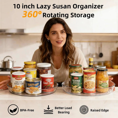 Person displaying Clear BPA Free 360 Degree Lazy Susan Turntable with pantry condiments in kitchen.