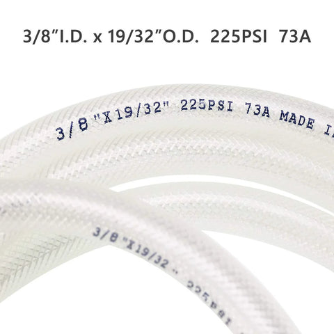 3/8 in ID x 19/32 in OD clear braided PVC tubing, high-pressure reinforced hose, 225 PSI