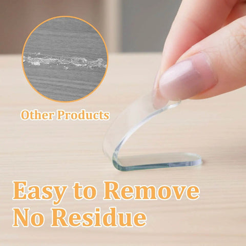 Hand removing a clear self-adhesive rubber bumper, demonstrating 10 Pack Clear Cabinet Door Bumpers Self Adhesive Rubber Cushions For Cabinets, Drawers, And Furniture Edges, Quiet No Squeak Protection, Scratch Guard, Easy Install, Transparent And Durable.