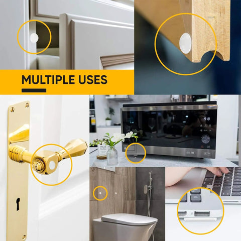Clear Cabinet Bumper Pads Set With Self Adhesive Silicone Cushions for doors, drawers, shown in various home uses.