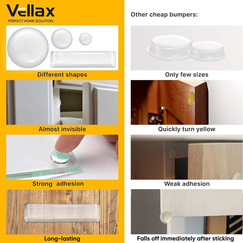 Comparison of clear cabinet bumper pads set with self adhesive silicone cushions showing different shapes, adhesion, and visibility