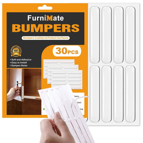30 Piece Clear Door Slam Silencers Self Adhesive Cabinet Bumpers 2.5x0.4x0.08 Inches Soft Polyurethane on packaging.