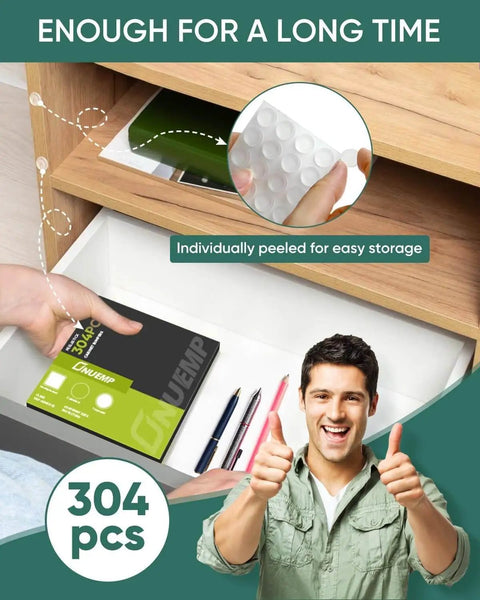 Clear Cabinet Door Bumpers 304 Pack with adhesive rubber feet shown in a drawer with man giving thumbs up