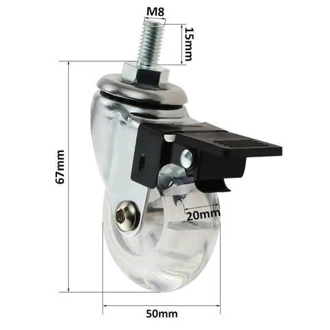 Clear Caster Wheels 2 Inch 4 Pack With M8x15mm Threaded Stem Casters Including Nuts, side view of 2 braked and 2 non braked.