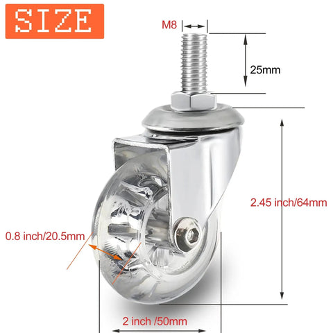 2 Inch Stem Caster Wheels With M8x25mm Threaded Stem For 360 Degree Rotating Crystal Clear Wheels Soft Polyurethane