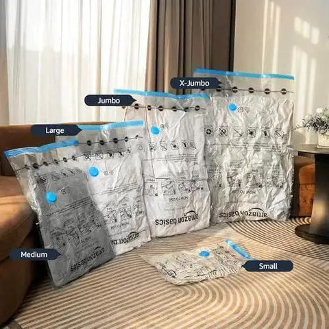 Vacuum Storage Bags For Clothes With Hand Pump, Space Saving Jumbo Compression Bags Set Of Six, Heavy Duty And Stackable Clear Bags