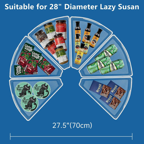 Clear One Eighth Wedge Corner Cabinet Lazy Susan Organizer Bins with food items, fits 28 to 29 inch diameter turntable, 6-pack