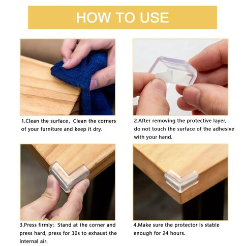Installation steps for clear corner protectors for baby safety on wood surfaces