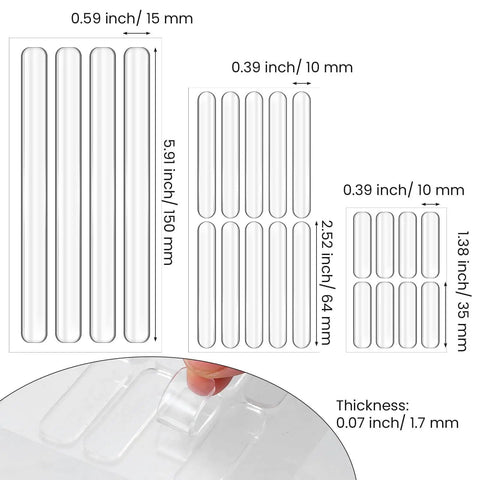 Clear Door Silencer Bumper Strips 22 Piece Rubber Cabinet Bumpers size chart with thickness and installation close-up