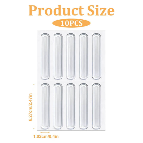 10 Pack Clear Cabinet Door Bumpers Self Adhesive Rubber Cushions For Cabinets, Drawers, And Furniture Edges, Quiet No Squeak Protection, Scratch Guard, Easy Install, Transparent And Durable shown in package with size dimensions 2.75x0.4 inches