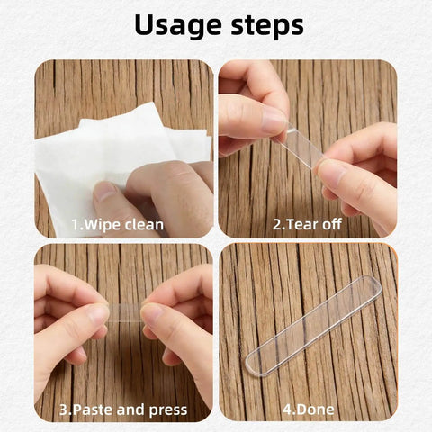 Usage steps for Clear Self Adhesive Door Silencers Long Strips Ultra Quiet Rubber Cabinet Bumpers For Slamming Prevention Invisible PVC Pads For Home Office And Cabinets 50 Pack