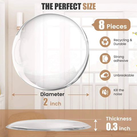 Product specifications for 8 Pack 2 Inch Door Stoppers For Walls, including clear rubber dimensions and features.