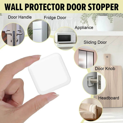 12 Pack Clear Adhesive Door Stoppers Wall Protectors, 1.57 Inch Square Bumpers for Quiet Door Slams shown in hand and use examples