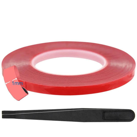 Clear Double Sided Acrylic Tape 1mm Wide 25m Long With Red Liner Removable Ultra Thin Adhesive Strip Transparent Strong Bond For LCD Screens, Crafts, Auto Dash Mounting And DIY Projects with tweezers