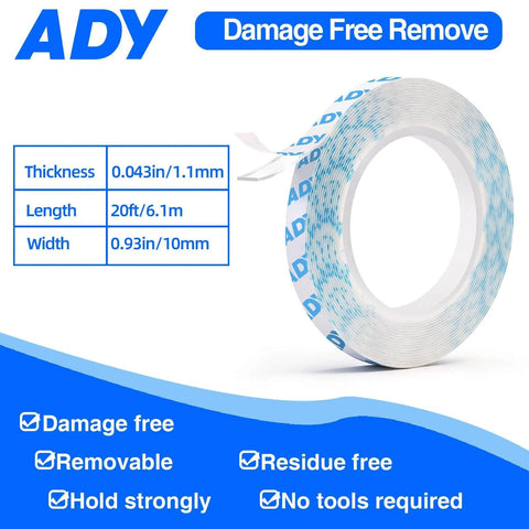 Heavy Duty Clear Double Sided Foam Tape For Wall Mounting Removable No Residue Damage Free Paint Safe Hang Posters Office Use 1In By 20Ft Roll 1.1Mm Thick Transparent Great For Pictures And Decor, front roll view with product dimensions and features.