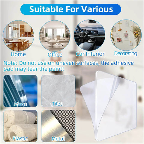 10 Pack Premium Double Sided Mounting Squares Clear Tape Waterproof Heavy Duty Adhesive Pads for Pictures and Posters Ideal for Hanging Strips on Walls Showers Tiles and More with Strong Sticky Tack visible on surfaces like glass and tiles with usage examples in home and car settings.