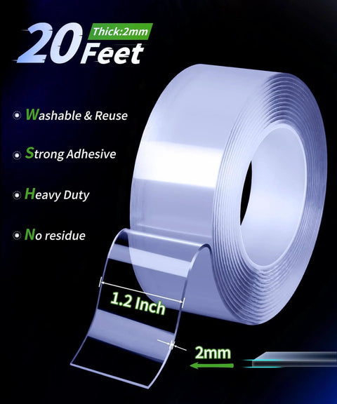 Heavy Duty Double Sided Mounting Tape For Walls And Decor Clear 20 Ft Long By 1.2 In Wide Ultra Strong Adhesive Yet Removable