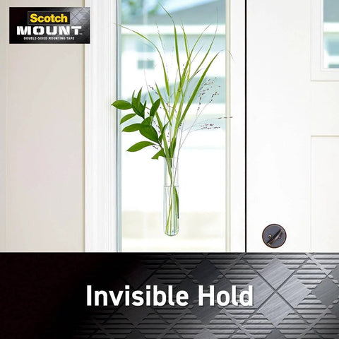 Glass vase with plants held on a door using Clear Double Sided Mounting Tape With Ultra Strong 3M Industrial Adhesive, Invisible Hold