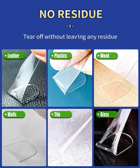 Image showing Heavy Duty Double Sided Mounting Tape For Walls And Decor Clear 20 Ft Long By 1.2 In Wide Ultra Strong Adhesive Yet Removable applied on different surfaces like leather, plastics, wood, walls, tile, and glass, demonstrating no residue.