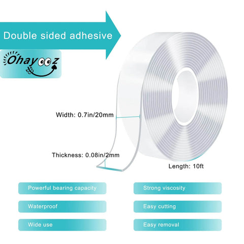 Ultra Strong Double Sided Tape For Indoors And Outdoors, Heavy Duty Removable Clear Nano Adhesive, 10 Feet roll dimensions