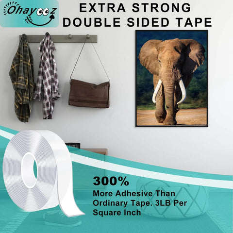 Ultra Strong Double Sided Tape For Indoors And Outdoors, Heavy Duty Removable Clear Nano Adhesive, 10 Feet displayed with wall decor