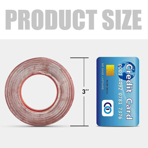 Heavy Duty Clear Double Sided Tape, Half Inch By Ten Feet Acrylic Mounting Tape with Serious Grip shown next to credit card