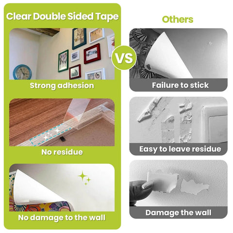 Heavy Duty Clear Double Sided Tape Removable Nano Mounting Adhesive Tape For Walls Photos Crafts Posters And Carpets 1 Inch By Sixteen Point Five Feet comparison against regular tape showing no damage and no residue