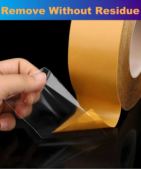 Ultra Thin Clear Double Sided Tape For DIY Crafts And Home Projects shown with peel and stick demonstration, highlighting adhesive strength.