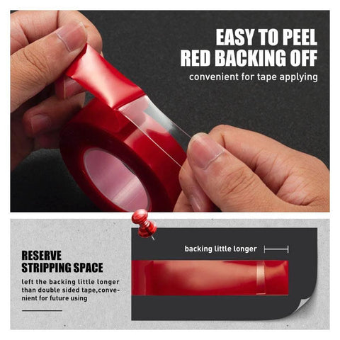 Heavy Duty Clear Double Sided Tape, Half Inch By Ten Feet Acrylic Mounting Tape With Serious Grip shown with red backing peel